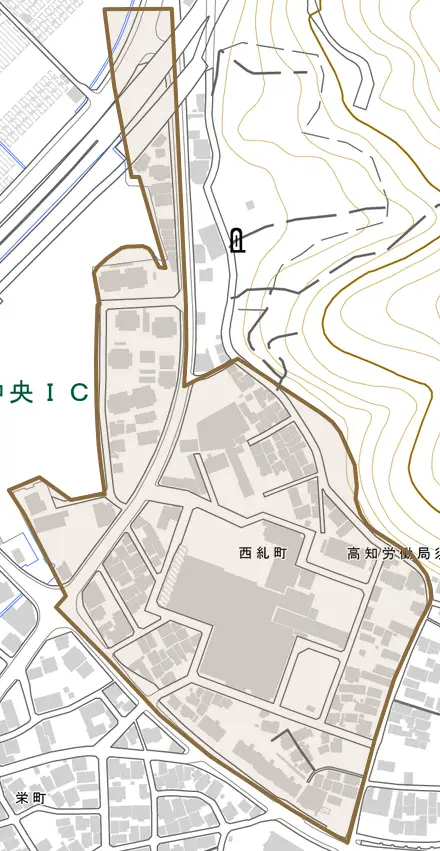 西糺町とその周辺の地図。町の範囲を重ねている