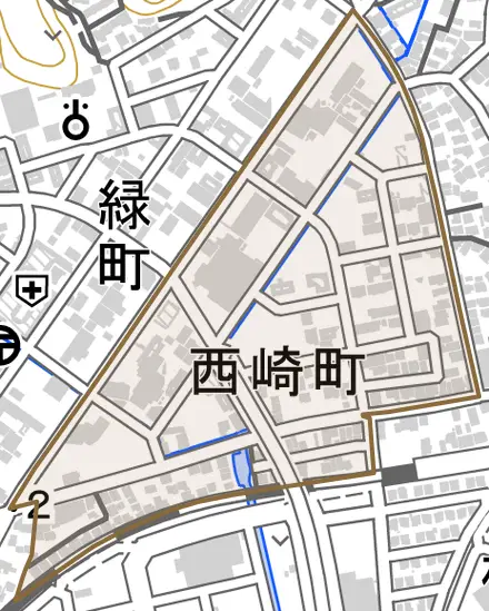 西崎町とその周辺の地図。町の範囲を重ねている