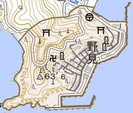 野見とその周辺の地図。町の範囲を重ねている