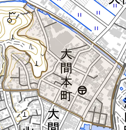 大間本町とその周辺の地図。町の範囲を重ねている