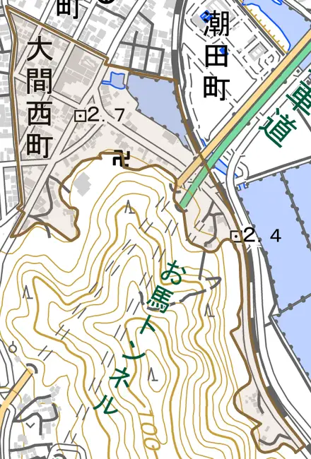 大間西町とその周辺の地図。町の範囲を重ねている