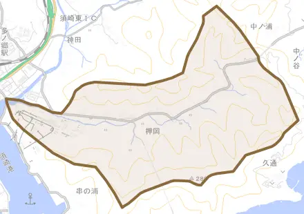 押岡とその周辺の地図。町の範囲を重ねている