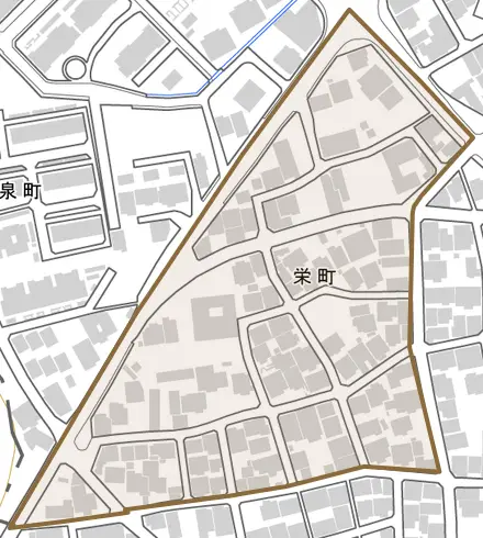 栄町とその周辺の地図。町の範囲を重ねている