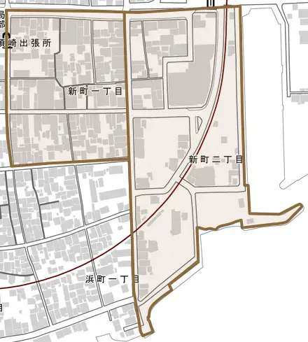 新町とその周辺の地図。町の範囲を重ねている