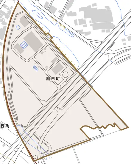 潮田町とその周辺の地図。町の範囲を重ねている