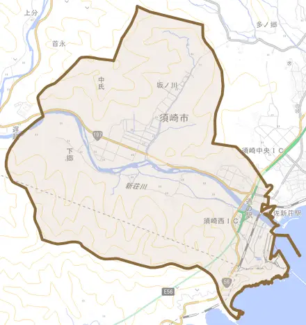 下分とその周辺の地図。町の範囲を重ねている