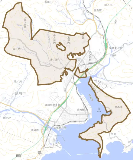 多ノ郷とその周辺の地図。町の範囲を重ねている