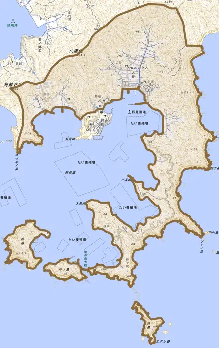 大谷とその周辺の地図。町の範囲を重ねている