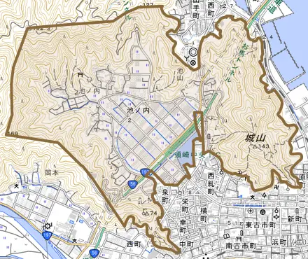 池ノ内とその周辺の地図。町の範囲を重ねている