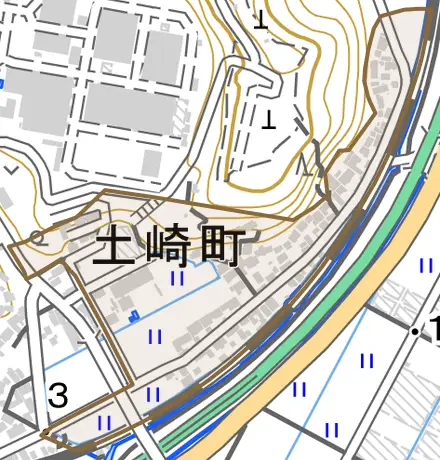 土崎町とその周辺の地図。町の範囲を重ねている