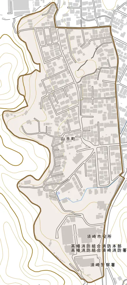 山手町とその周辺の地図。町の範囲を重ねている