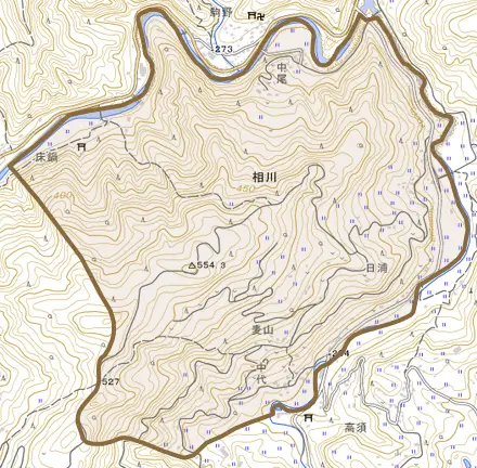 相川とその周辺の地図。町の範囲を重ねている