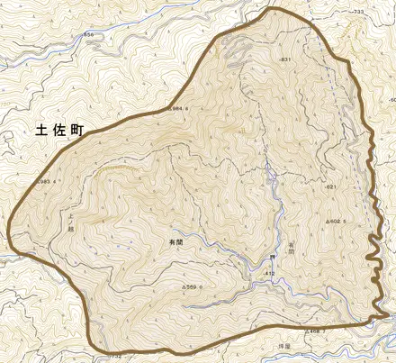 有間とその周辺の地図。町の範囲を重ねている