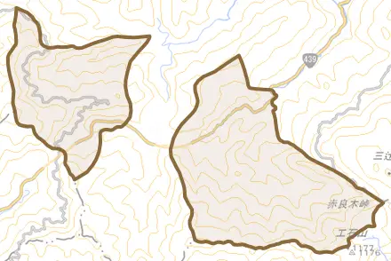 東石原とその周辺の地図。町の範囲を重ねている