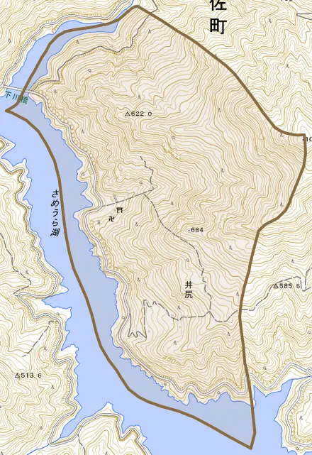 井尻とその周辺の地図。町の範囲を重ねている