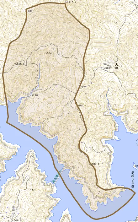 古味とその周辺の地図。町の範囲を重ねている