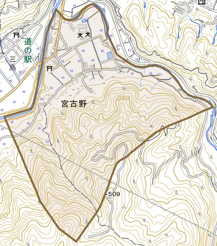 宮古野とその周辺の地図。町の範囲を重ねている