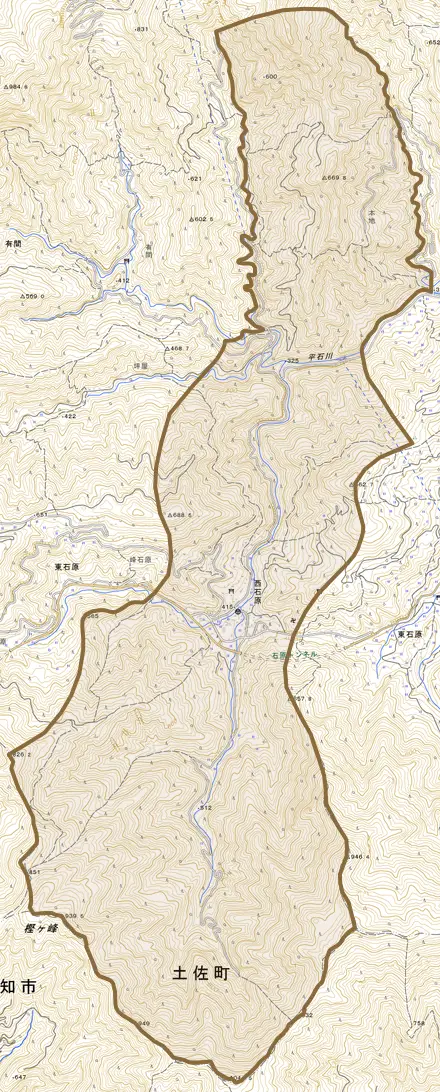 西石原とその周辺の地図。町の範囲を重ねている