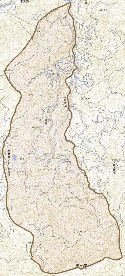 溜井とその周辺の地図。町の範囲を重ねている