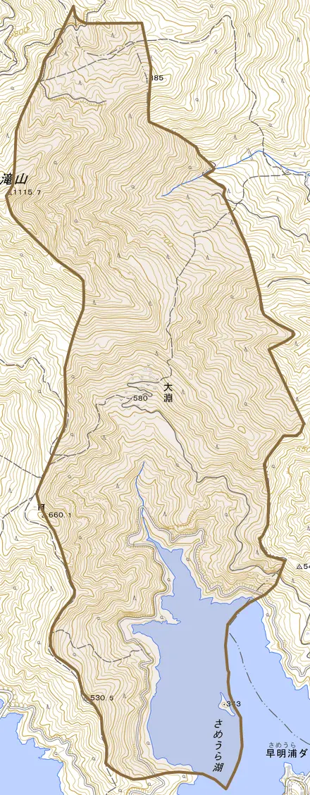 大渕とその周辺の地図。町の範囲を重ねている
