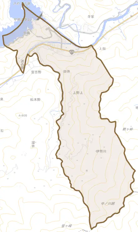 田井とその周辺の地図。町の範囲を重ねている