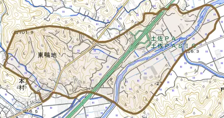東鴨地とその周辺の地図。町の範囲を重ねている