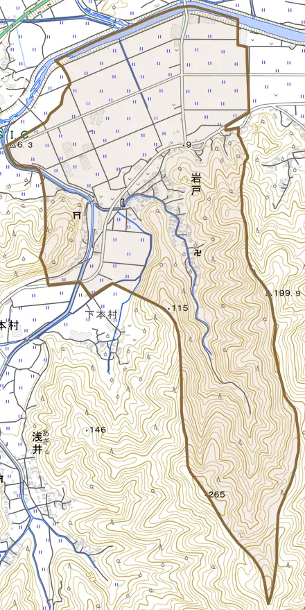 岩戸とその周辺の地図。町の範囲を重ねている