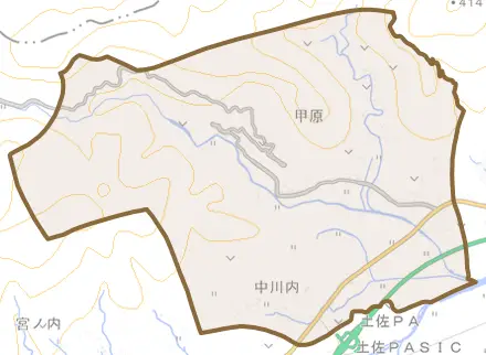 甲原とその周辺の地図。町の範囲を重ねている