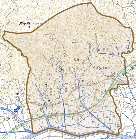 北地とその周辺の地図。町の範囲を重ねている