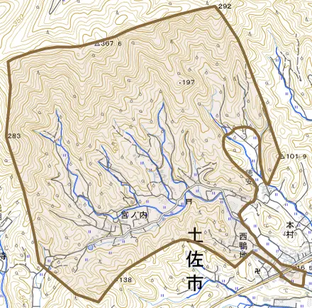 宮ノ内とその周辺の地図。町の範囲を重ねている