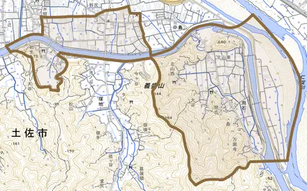 用石とその周辺の地図。町の範囲を重ねている