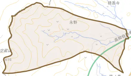 永野とその周辺の地図。町の範囲を重ねている