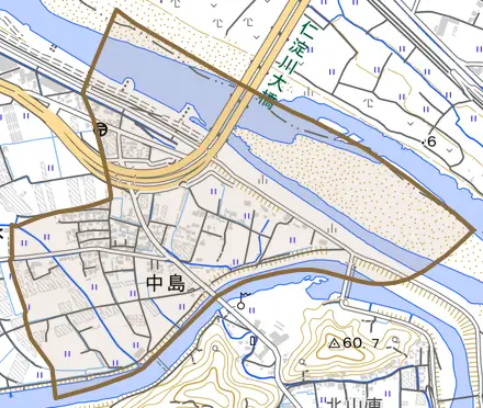 中島とその周辺の地図。町の範囲を重ねている