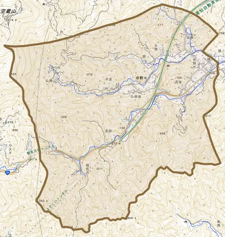 市野々とその周辺の地図。町の範囲を重ねている