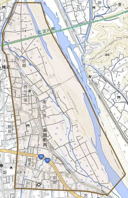 高岡町丙とその周辺の地図。町の範囲を重ねている