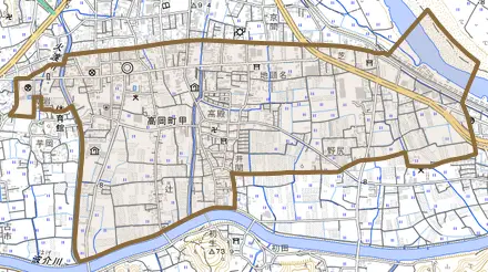 高岡町甲とその周辺の地図。町の範囲を重ねている