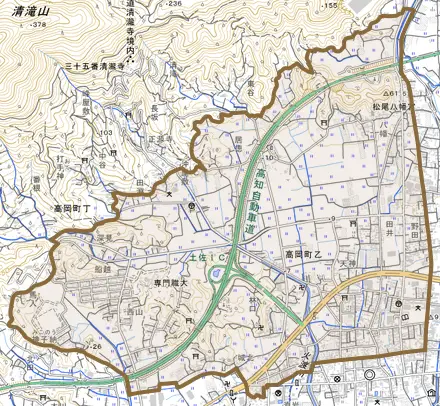 高岡町乙とその周辺の地図。町の範囲を重ねている