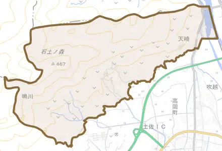 高岡町丁とその周辺の地図。町の範囲を重ねている
