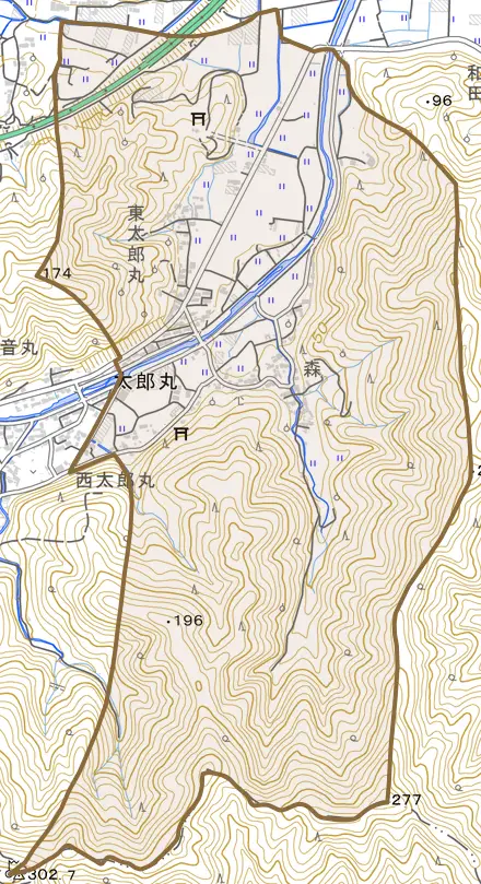太郎丸とその周辺の地図。町の範囲を重ねている