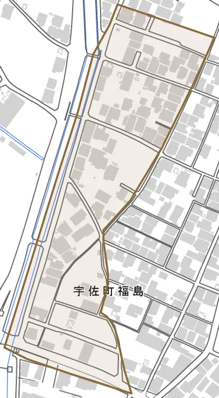 宇佐町福島とその周辺の地図。町の範囲を重ねている