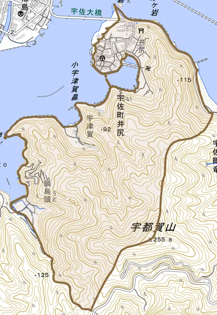 宇佐町井尻とその周辺の地図。町の範囲を重ねている