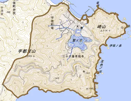 宇佐町竜とその周辺の地図。町の範囲を重ねている