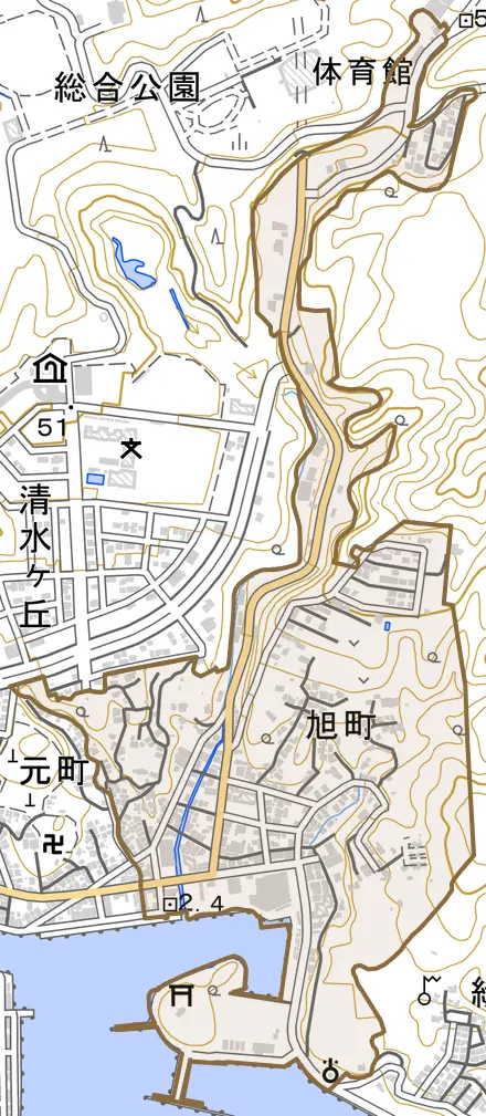 旭町とその周辺の地図。町の範囲を重ねている