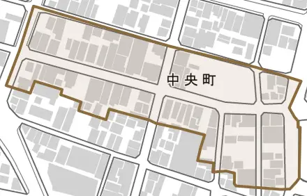 中央町とその周辺の地図。町の範囲を重ねている