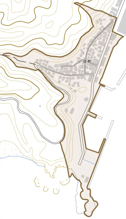 戎町とその周辺の地図。町の範囲を重ねている
