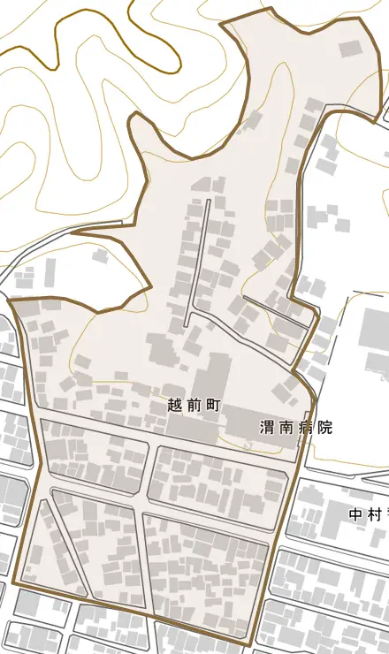 越前町とその周辺の地図。町の範囲を重ねている