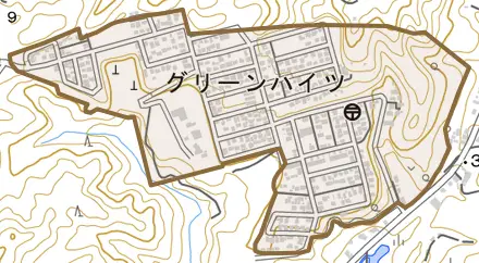 グリーンハイツとその周辺の地図。町の範囲を重ねている
