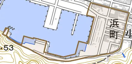 浜町とその周辺の地図。町の範囲を重ねている