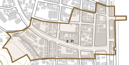 本町とその周辺の地図。町の範囲を重ねている