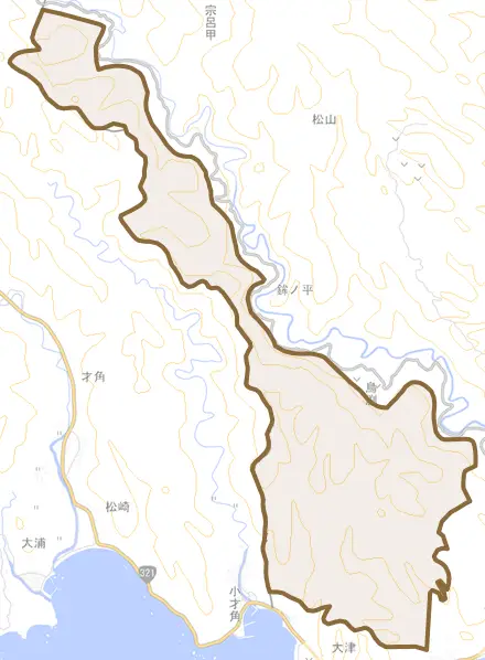 貝ノ川とその周辺の地図。町の範囲を重ねている